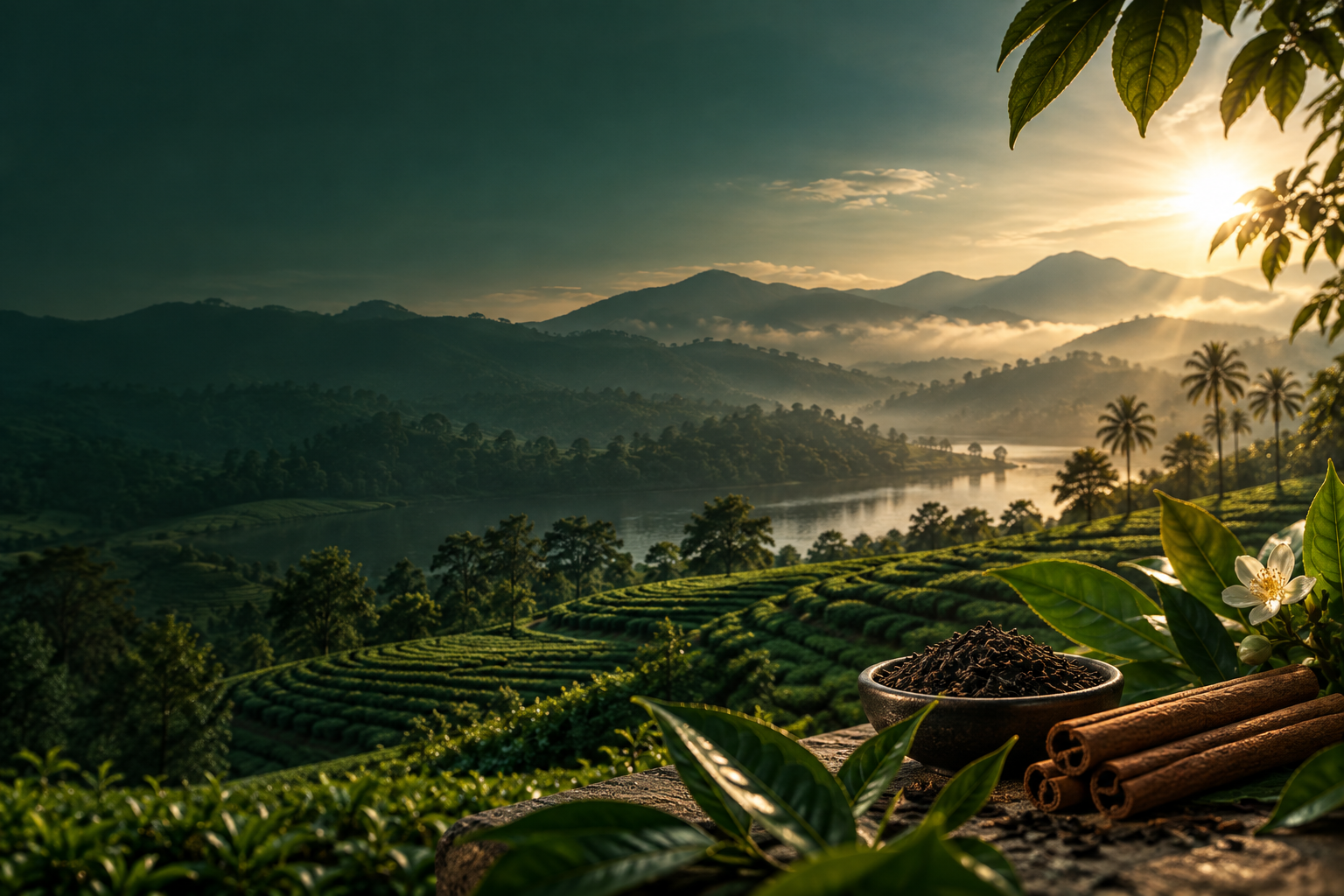 Emerald Ceylon tea country with mountains, lake and cinnamon